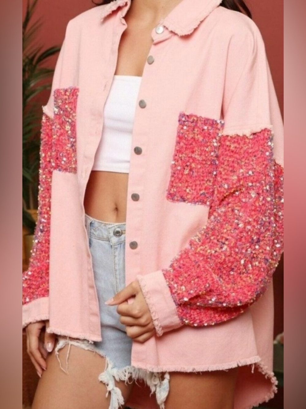 Pink Sequin Patchwork Button-Up Shacket